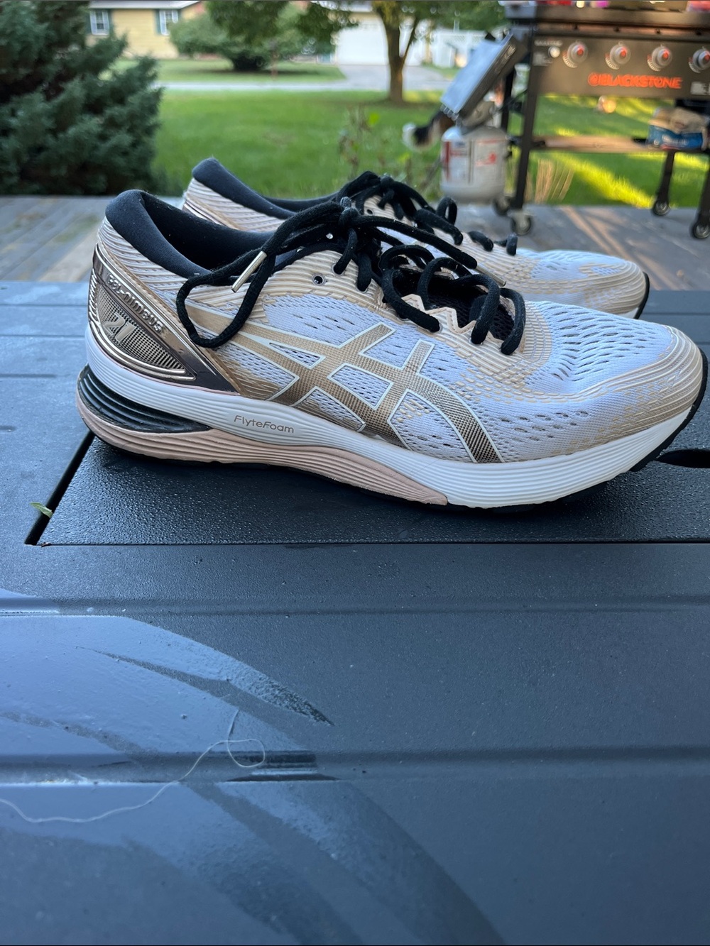 Asics Women's Sneakers - Rose Gold, Pink, White & Black. Gel Nimbus Flyte Foam.